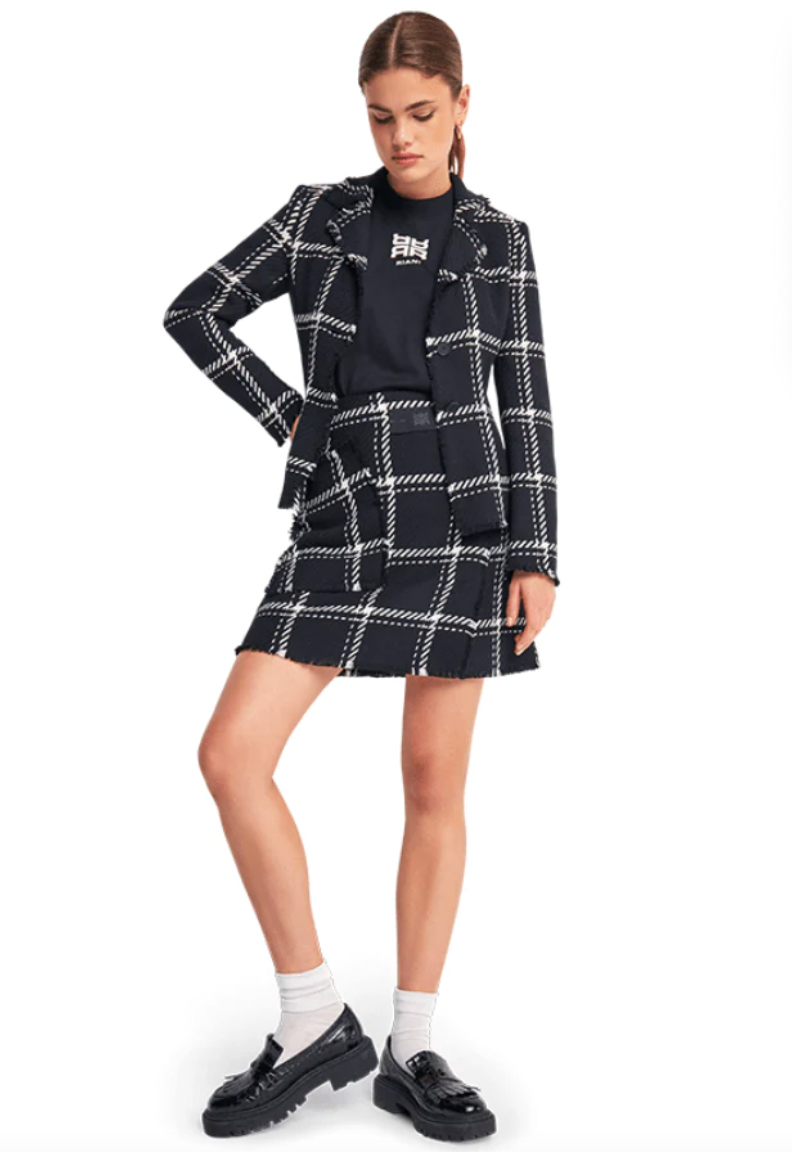 Black and white 2024 tartan skirt and blazer