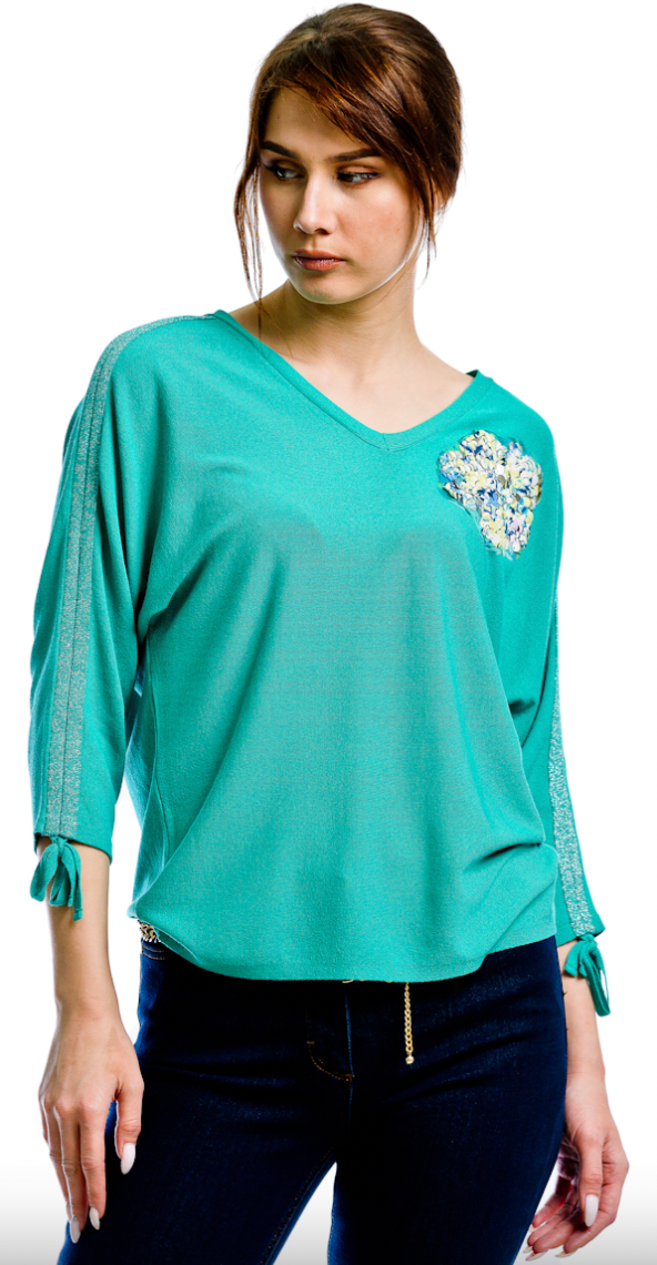 Vee Neck L/S W/Sequined Flower, Lurex Taping