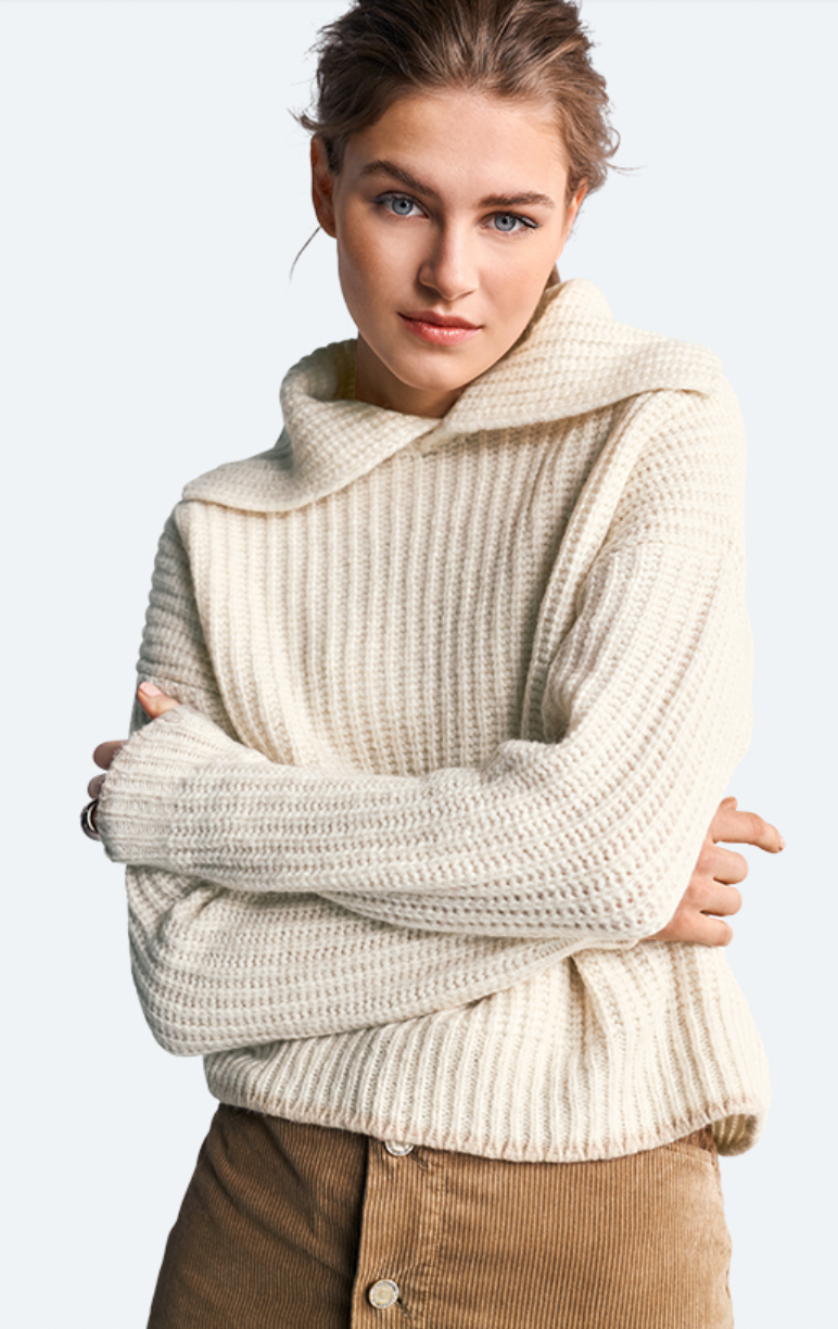 Textured Weave Sweater W/Henley Wide Collar