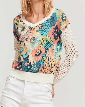 Tilo, Floral Sweater W/Crochet Sleeve